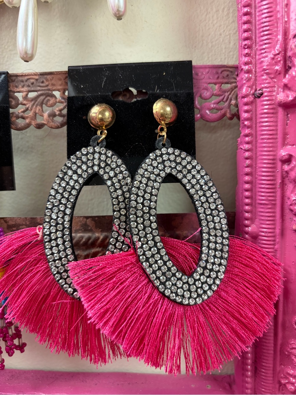 Bold Pink Tassel Crystal Hoop Earrings - Women Jewelry